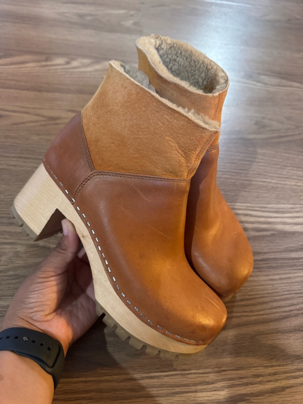 Swedish Hasbeens Chestnut Tan Leather Shearling Clog Boots